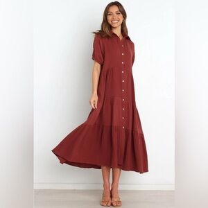 Petal & Pup Wabash tiered Gauze Midi Dress Collared Buttom Front Brown sz 4